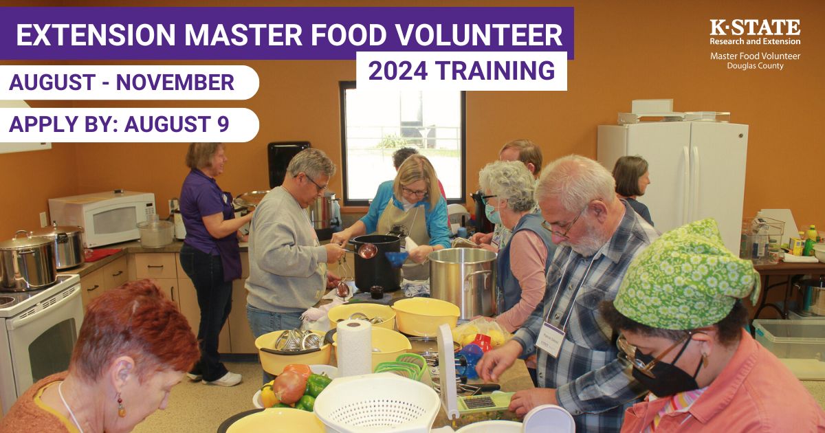 Extension Master Food Volunteer 2024 Training August - November Apply by: August 9 10 people in image cooking within a kitchen space