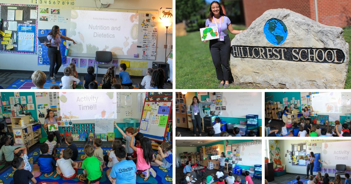 collage of hillcrest career day. features pictures of Sofia outside the school as well as presenting, asking & answering questions within the school to students